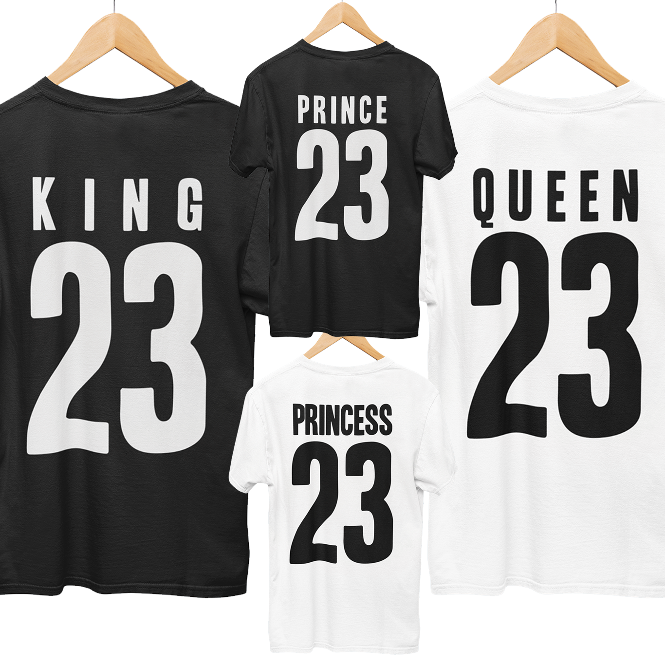 Design your own t-shirt with your own names and numbers King 01 Queen 01 couple shirts