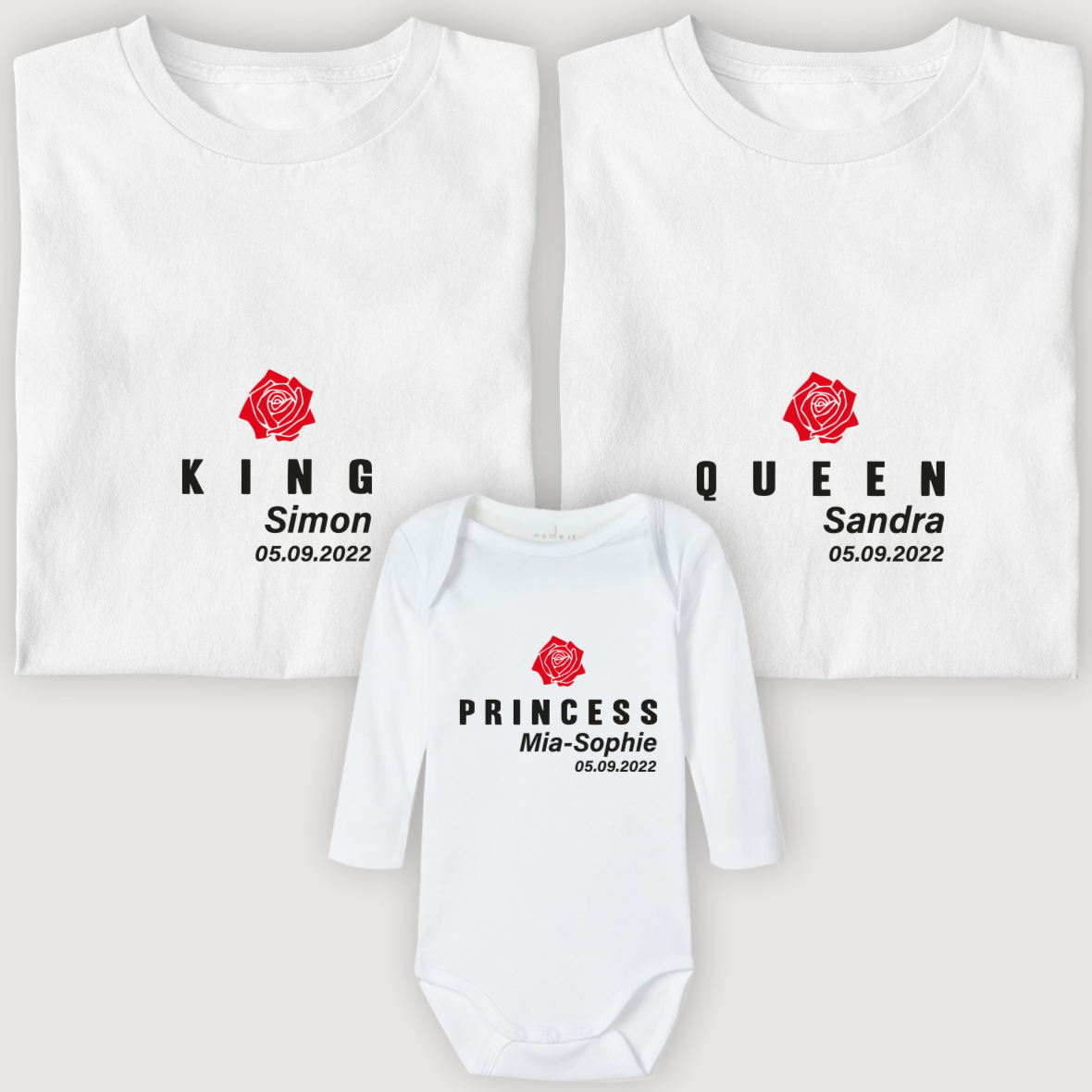 Weisse familien tshirts als 3er oder 4er Sets mit Name und Datum bedruckt 