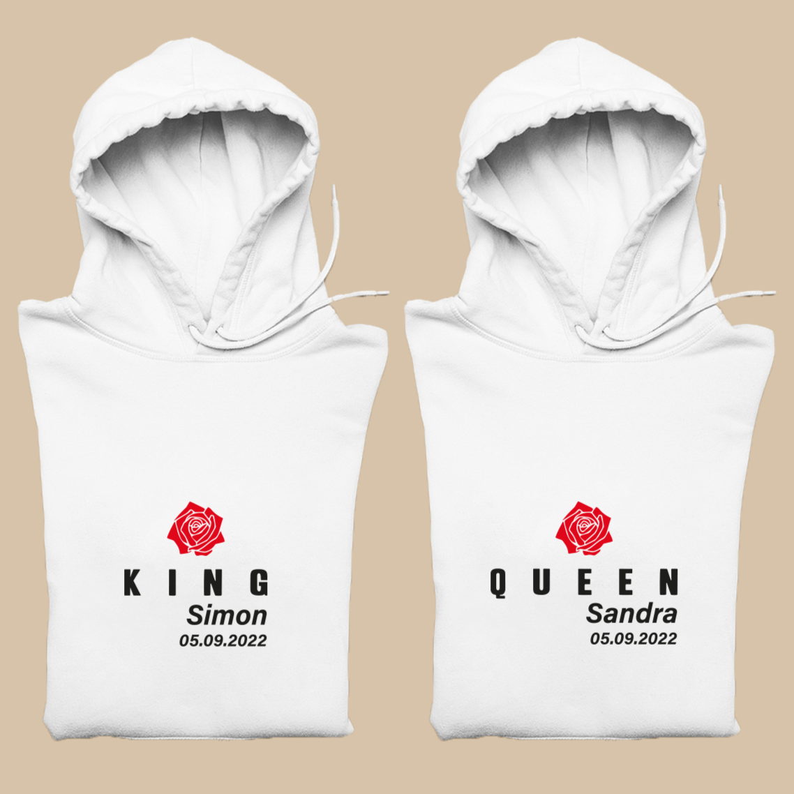 king queen Pärchen pulli mit name und datum an den Kapuzen bedrucken lassen Geschenkidee Geschenke für Frauen männer jahrestag Geburtstagsgeschenk Fotoshootings partnerlook shirts sweatshirts mr mrs hoodie king and queen für paare couplegoals pullis in weiss