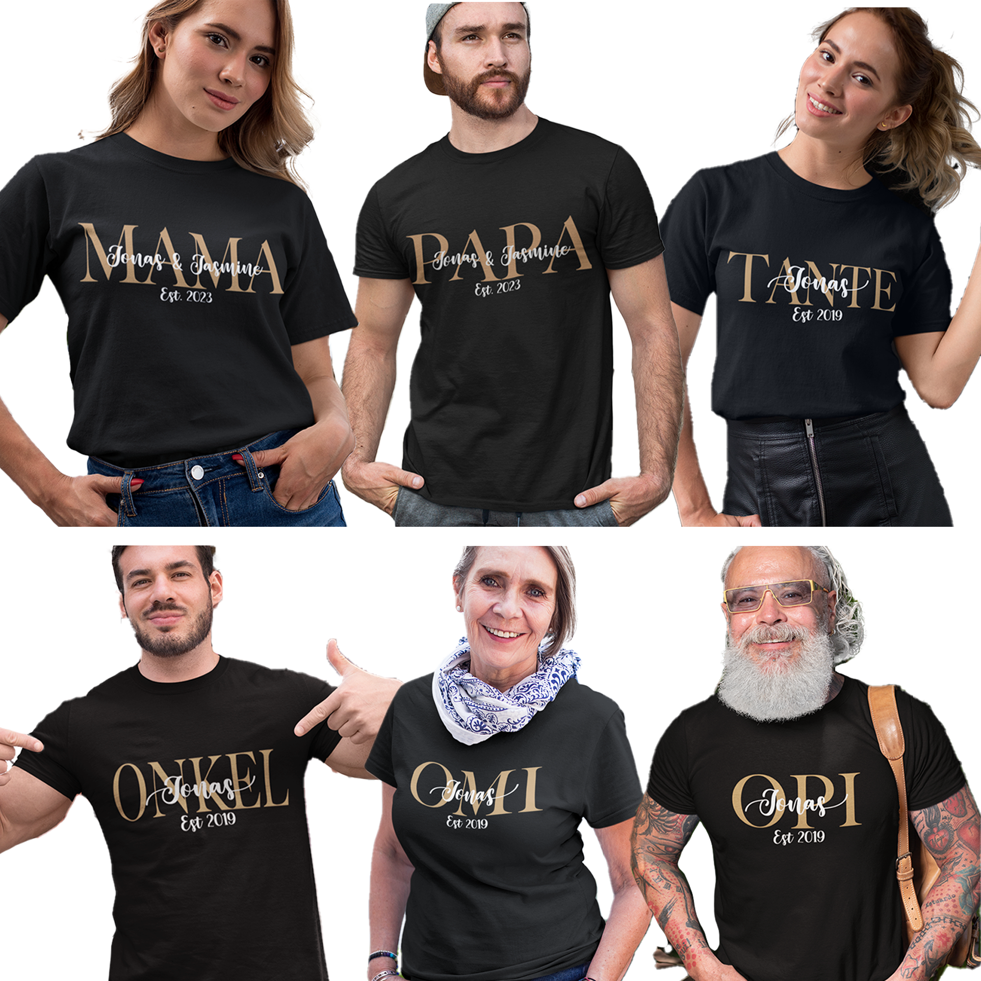 mama papa tante onkel omi opi tshirts individuell mit namen als Familien set bestellen Onlineshop für partnerlook und Pärchen pullis schwarz