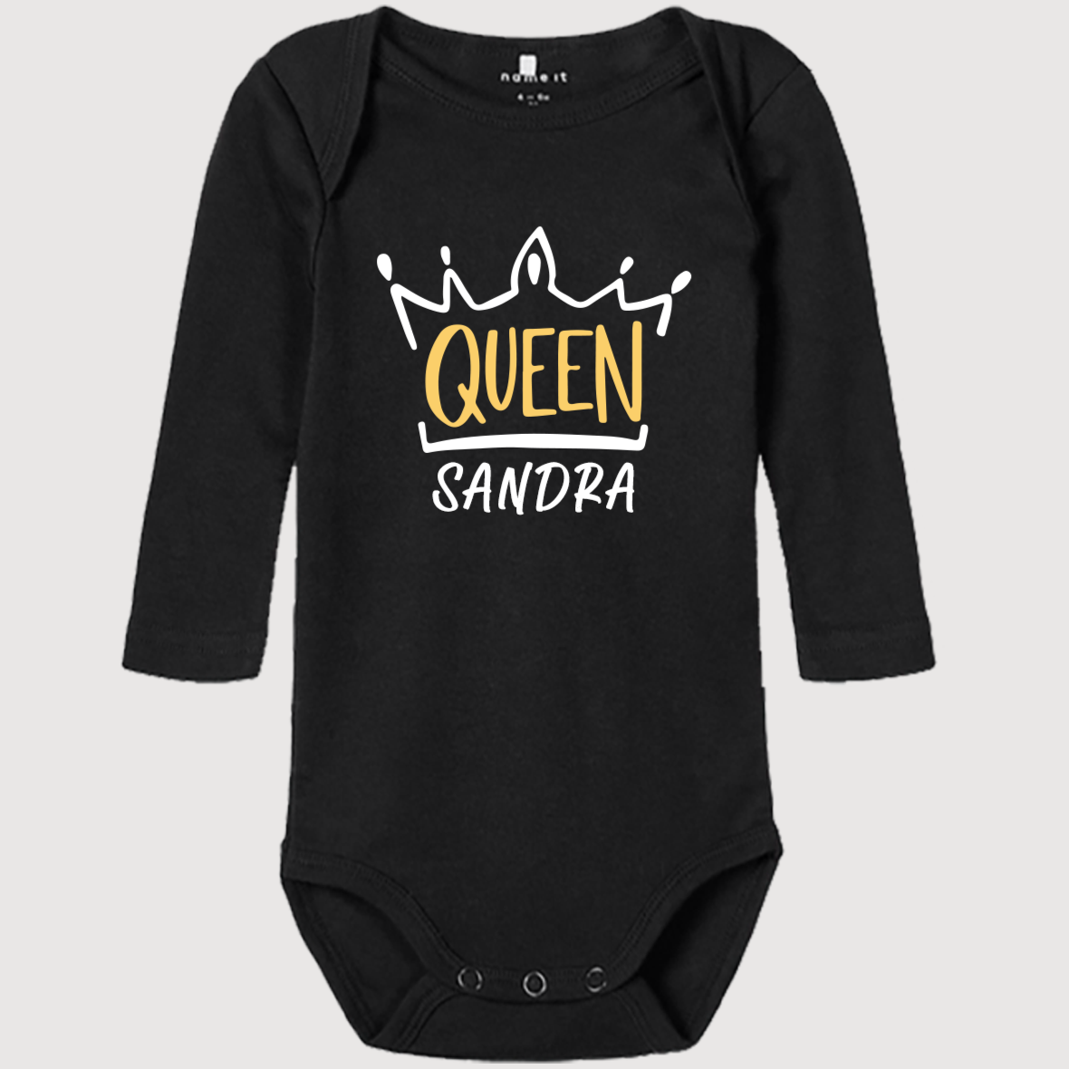 Baby Body Queen mit name bedrucken lassen schwarzes strampler mit datum als Geschenkidee für Geburtstag babyshower 