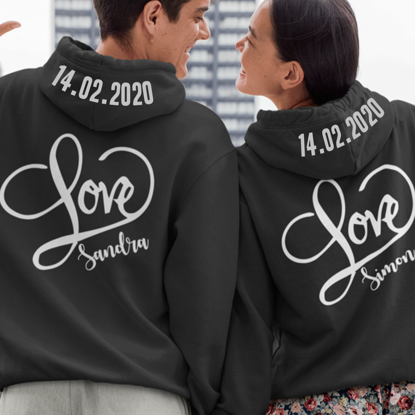 couple hoodie mit Name bedrucken lassen love shirts schwarz