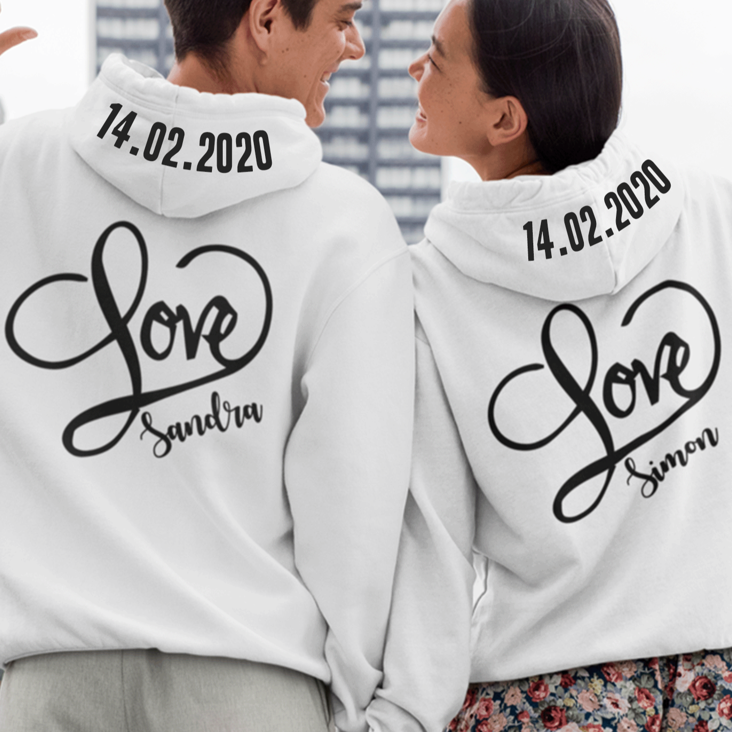 couple hoodie mit Name bedrucken lassen love shirts weiss