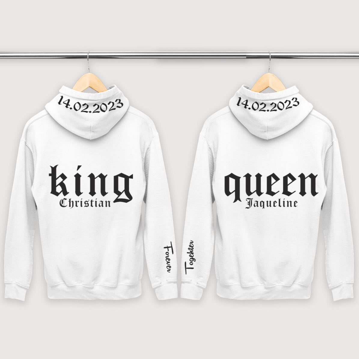 king und queen partner hoodies mit namen bedrucken lassen partner pullover bedrucken lassen valentinstagsgeschenk couple hoodies white