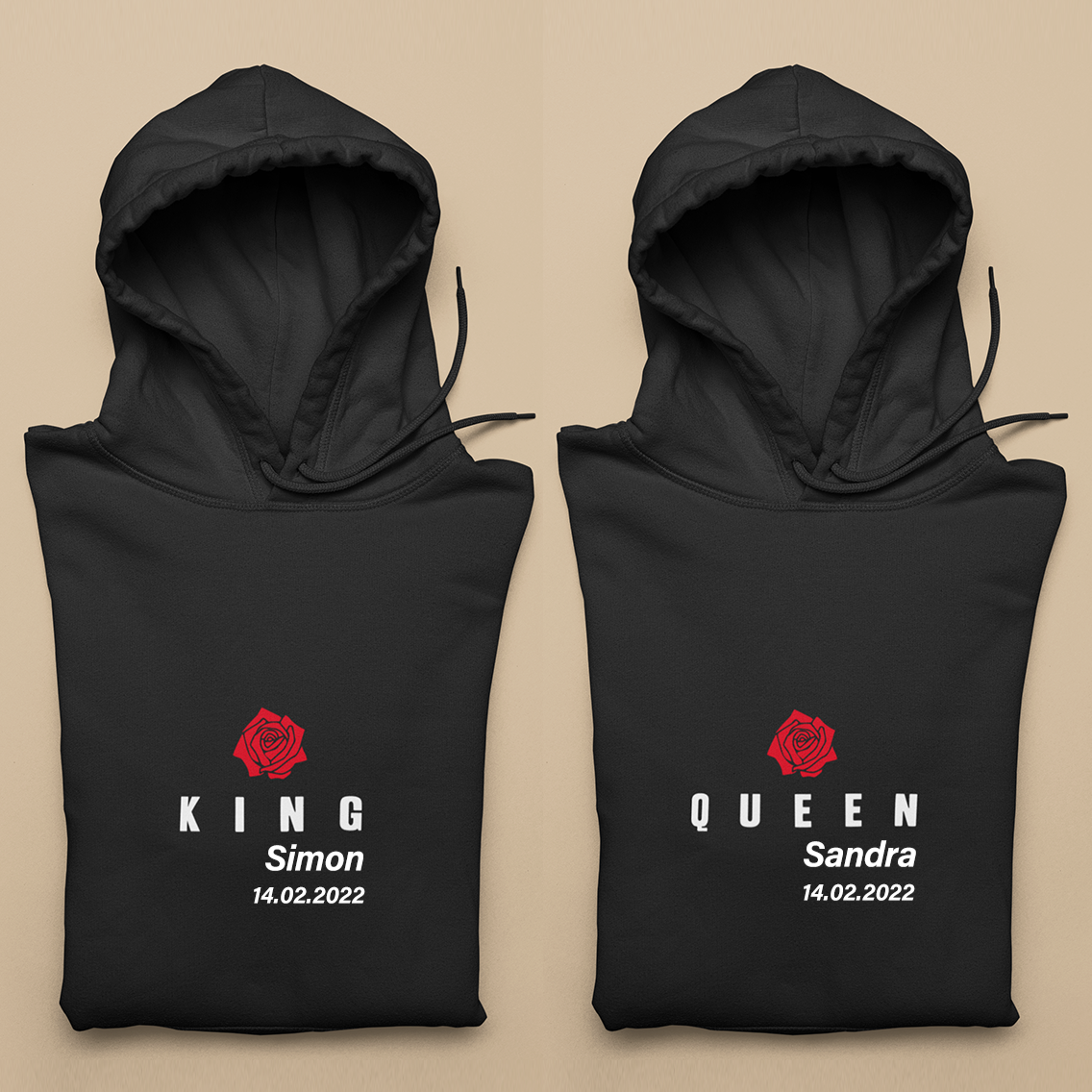 king queen Pärchen pulli mit name und datum an den Kapuzen bedrucken lassen Geschenkidee Geschenke für Frauen männer jahrestag Geburtstagsgeschenk Fotoshootings partnerlook shirts sweatshirts mr mrs hoodie king and queen für paare couplegoals