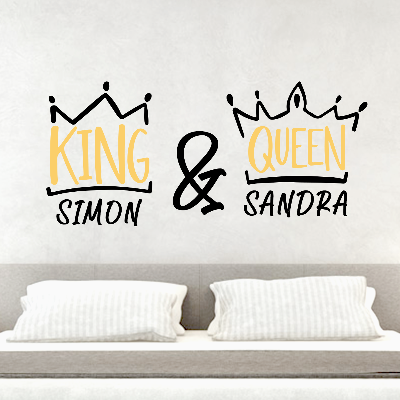 king und queen wandtattoo wall sticker wall tattoo wallart interior design Schlafzimmer wand tapete verschönern renovieren kissen bett wunschnamen liebes Geschenke Geschenkideen 