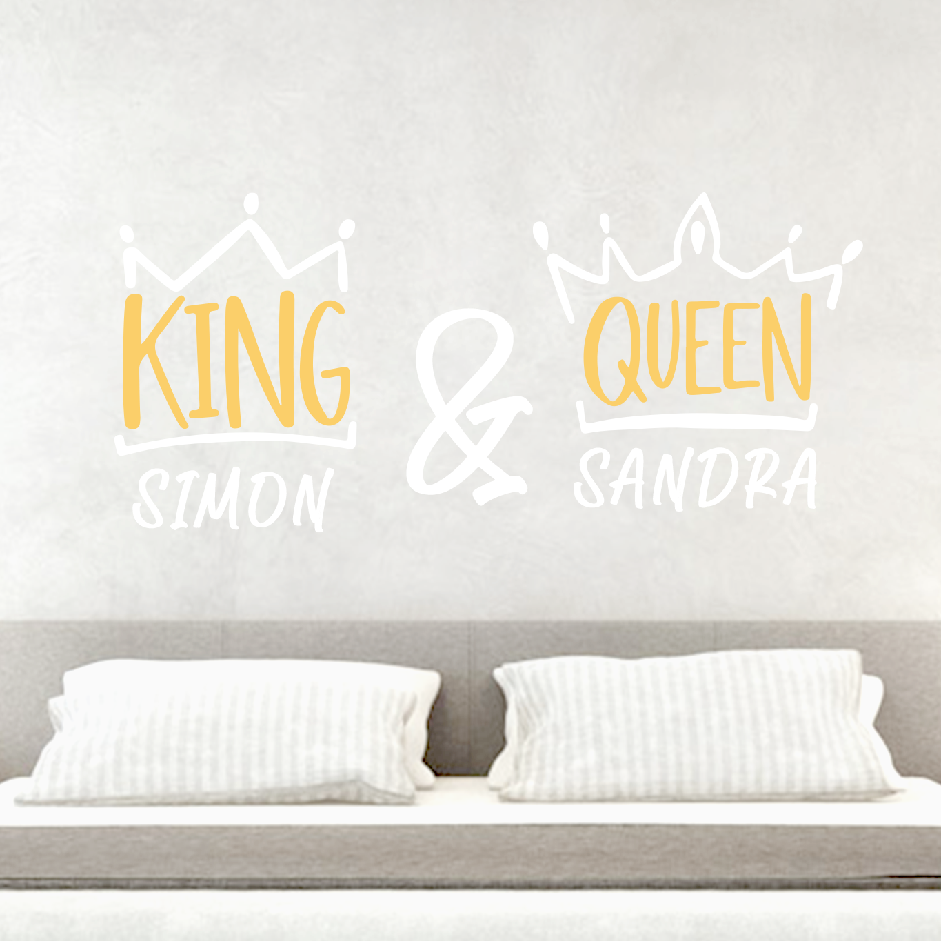 king und queen wandtattoo wall sticker wall tattoo wallart interior design Schlafzimmer wand tapete verschönern renovieren kissen bett wunschnamen liebes Geschenke Geschenkideen 